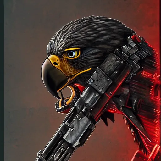 Prompt: America eagle with guns, cyborg, cyberpunk, goes hard, heavy metal, gritty, artstation, trending, detailed, patriotic.