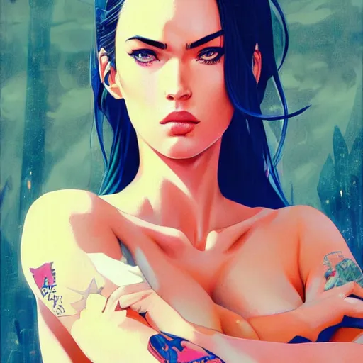 Image similar to megan fox portrait as manga girl, realistic shaded perfect face, fine details. anime. realistic shaded lighting poster by ilya kuvshinov katsuhiro otomo ghost - in - the - shell, magali villeneuve, artgerm, jeremy lipkin and michael garmash and rob rey