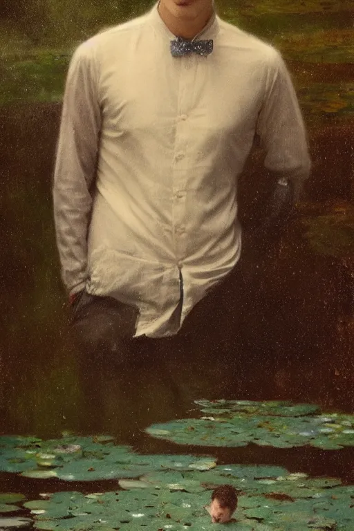 Image similar to detailed cinematic moody colors studio portrait of a young victorian gentleman in a beautiful victorian water pond, water lilies, high quality by jeremy mann, only one head single portrait