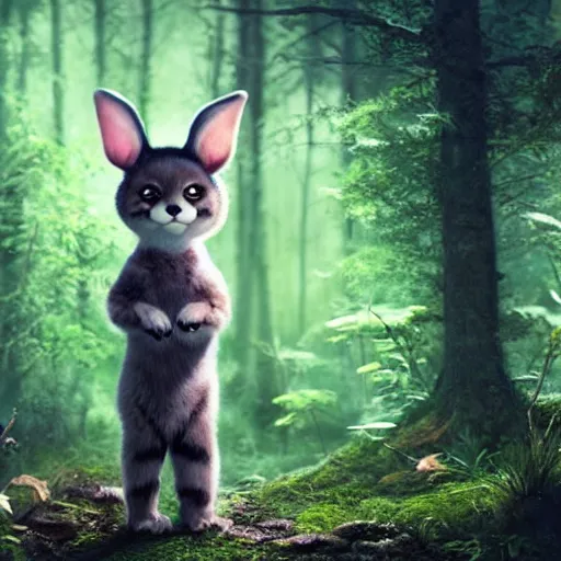 Image similar to a cute furry creature with long ears standing in a forest, michael kutsche, cinematic lighting