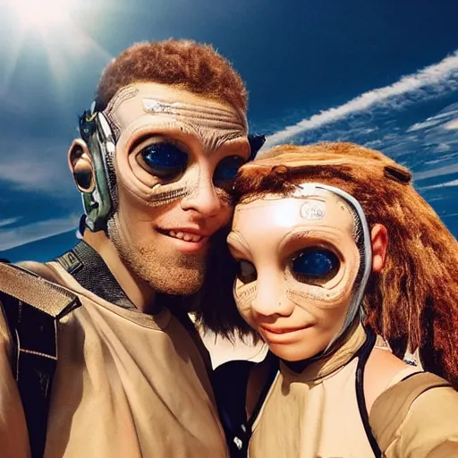 Image similar to “ our humanoid descendants in the year 2 2 0 0 taking a selfie on their sci - fi planet, award - winning details ”