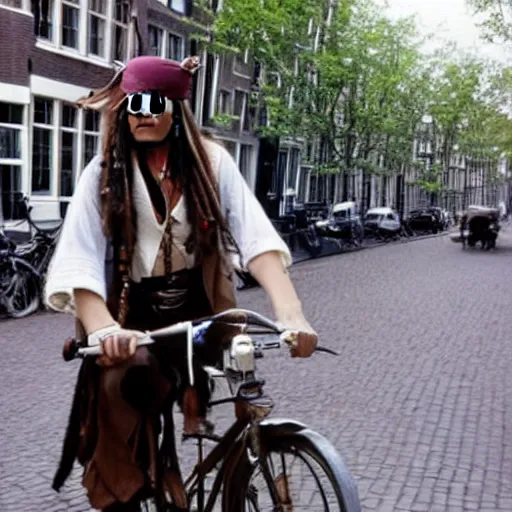 Prompt: an old photo of captain jack sparrow on a bicycle, in a small street in amsterdam