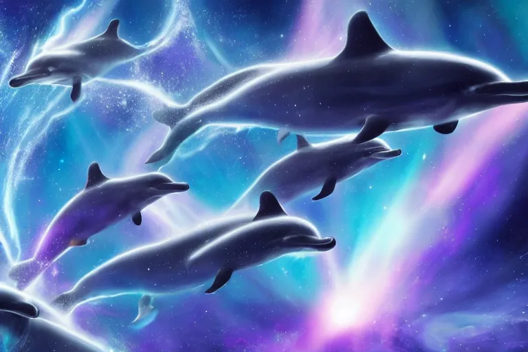 Image similar to a group of cosmic dolphins jumping out of a cosmic ocean in space, epic composition, 4 k