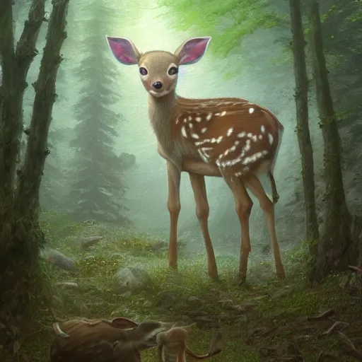 Image similar to a painting of a lonely fawn in a forest by john howe, marc simonetti, james jean, high detail, trending on artstation