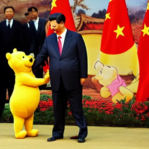 Image similar to winnie the pooh and xi jinping shaking hands in front of press