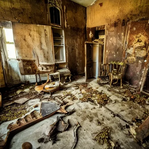 Image similar to a room in a creepy, dilapidated house filled with mushrooms and the decaying bodies of ancient warriors