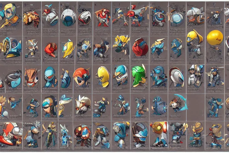 Image similar to megaman stage select item concept art grid of legendary artifact loot headgear by artgerm and Craig Mullins, James Jean, Andrey Ryabovichev, Mark Simonetti and Peter Morbacher 16k