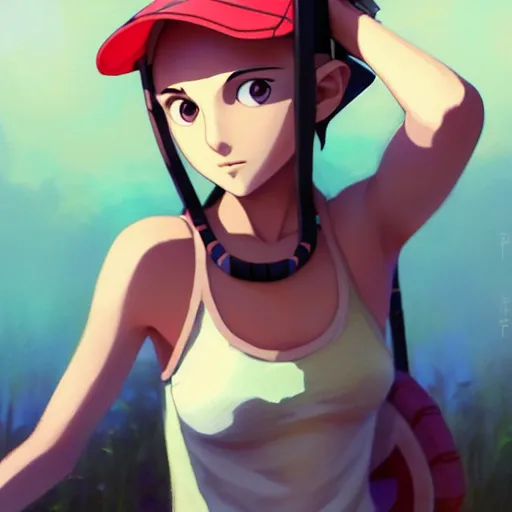 Image similar to beautiful boyish natalie portman gravure model in majora's mask, wearing wooden mask and baseball cap and leotard, street wear with subtle mayan patterns, aztec bathing suit, gapmoe yandere grimdark, trending on pixiv fanbox, painted by greg rutkowski makoto shinkai takashi takeuchi studio ghibli, akihiko yoshida