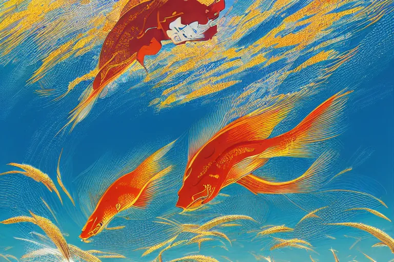 Prompt: portrait of goldfishes swarming the ocean. shadow and light. rays of light. energetic, dynamic, lively, detailed, intricate, complex. fine art by hayao miyazaki, akira toriyama, makoto shinkai, and ohara koson.