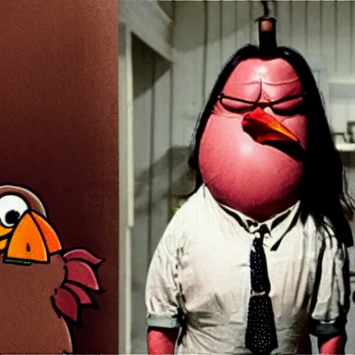 Prompt: an anthropomorphic chicken as annie wilkes from misery