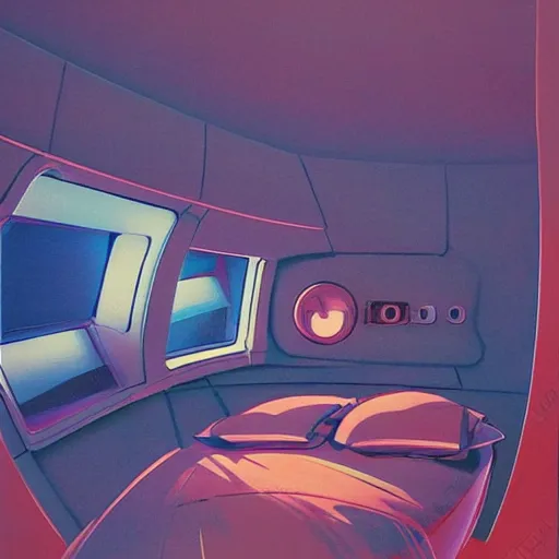 Prompt: Cozy sleeping quarters interior of a spaceship, teal lighting, cozy lighting, space seen outside from a window, by Syd Mead, John Harris, Federico Pelat
