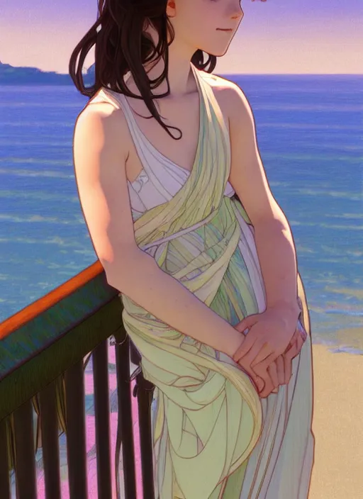 Image similar to pretty young woman leaning against the railing at the beach, path traced, highly detailed, high quality, digital painting, by studio ghibli and alphonse mucha, leesha hannigan, makoto shinkai, disney