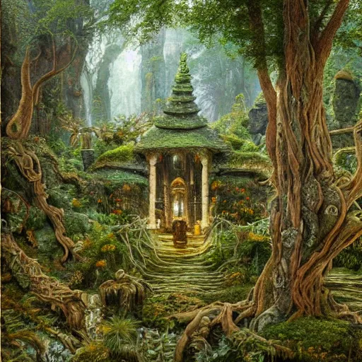 Image similar to a beautiful and highly detailed oil painting of an elven forest temple in the misty mountains, detailed plants and trees and flowers, intricate details, epic scale, insanely complex, 8 k, sharp focus, hyperrealism, fantasy landscape, psychedelic patterns, by caspar friedrich and james gurney,