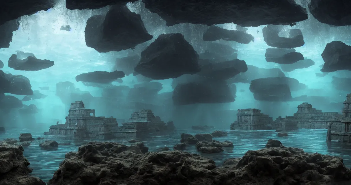 Image similar to wide shot, submerged pre - incan temple, carvings, dark, grenada underwater sculpture park, bubbles, abyss, stylized, anime style mixed with fujifilm, detailed gouache paintings, crepuscular rays, dark, murky, foggy, atmospheric, artstation, cgsociety, octane render, cgi, unreal engine 5, denoise, cinematic masterpiece