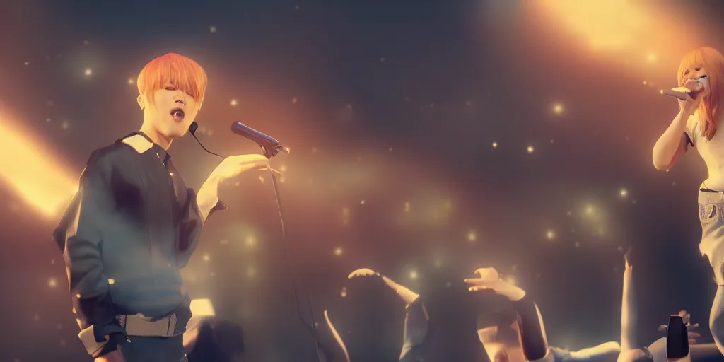 Image similar to Park Jimin singing on stage. photorealism, UHD, amazing depth, glowing, golden ratio, 3D octane cycle unreal engine 5, volumetric lighting, cinematic lighting, cgstation artstation concept art