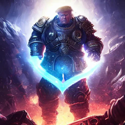 Image similar to Portrait of Trump, League of Legends amazing splashscreen artwork, Gears of War, splash art,natural light, elegant, photorealistic facial features, intricate, fantasy, detailed face, atmospheric lighting, anamorphic lens flare, cinematic lighting, league of legends splash art, hd wallpaper, ultra high details by Greg rutkowski