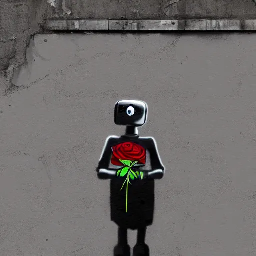 Image similar to a robot holding a rose in the style of Banksy, graffiti, digital art