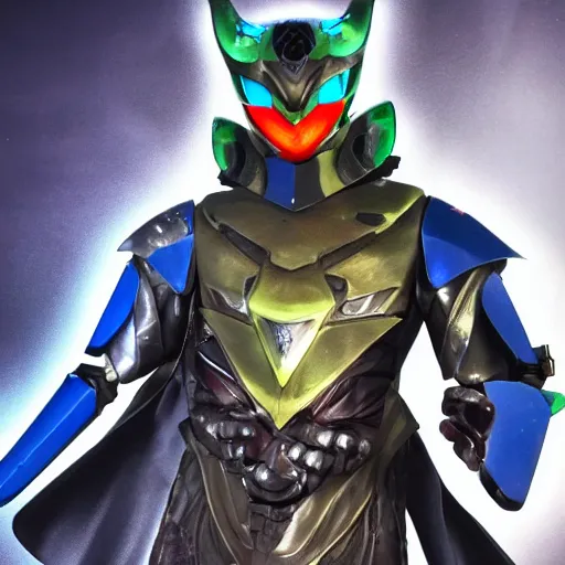 Image similar to High Fantasy Kamen Rider, 4k, glowing eyes, rock quarry location, daytime, rubber suit, dark blue segmented armor, dragon inspired armor