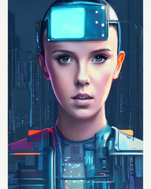 Image similar to cyberpunk millie bobby brown as a robot by rossdraws