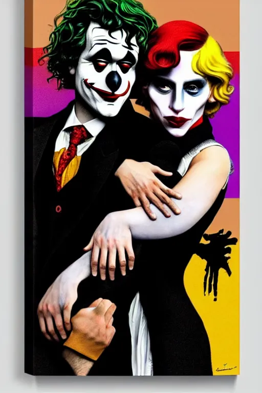 Image similar to ilya yefimovich repin and mimmo rottela and banksy as joaquin phoenix skinny joker, holding hand, lady gaga harley queen, ultra photorealistic, intricate details, pop art style, concept art, confident posse, random object details, 3 colours, warm color, 4 k, ultra smooth, sharp focus