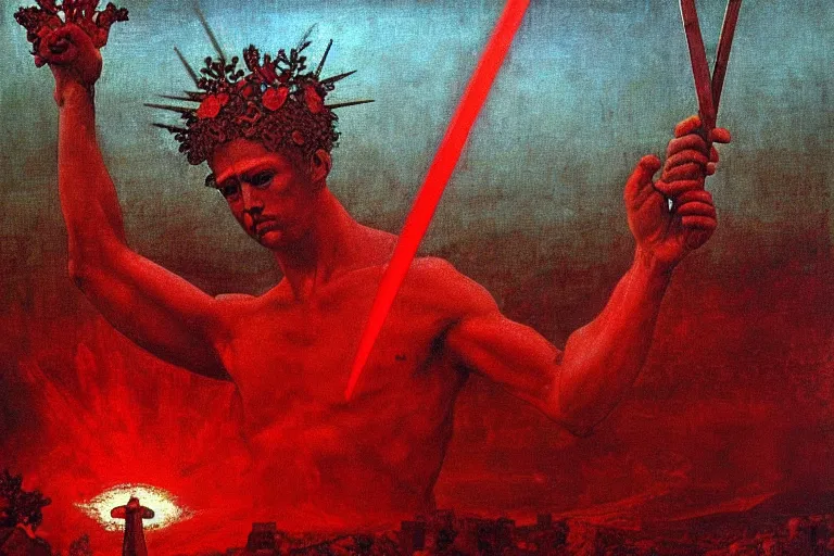 Image similar to only with red, a red melted apollo with a laurel wreath and a flaming sword announce the win, athens in the background, in the style of beksinski, part by hopper, part by rodcenko, part by hofbauer, intricate composition, red by caravaggio, insanely quality, highly detailed, masterpiece, red light, artstation