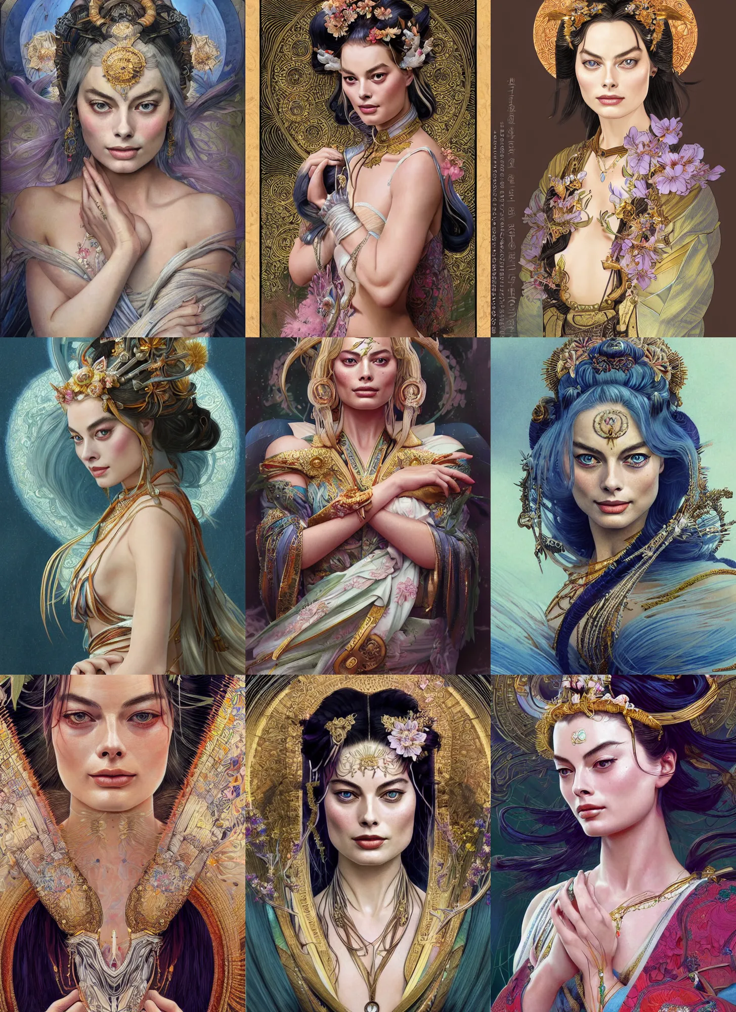 Prompt: Margot Robbie as a Japanese Goddess, cute, fantasy, intricate, elegant, highly detailed, digital painting, 4k, HDR, concept art, detailed jewelry, smooth, sharp focus, head and waist potrait, art by Artgerm and H R Giger and Greg Rutkowski and Alphonse Mucha