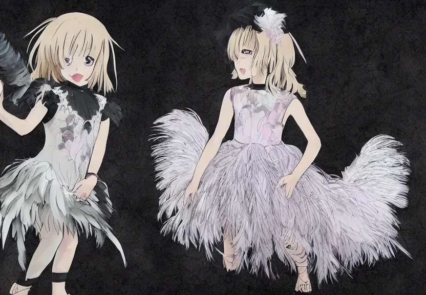 Prompt: little girl with a short white haircut wearing a dress made of feathers, artwork in the anime style, dark, anatomically perfect