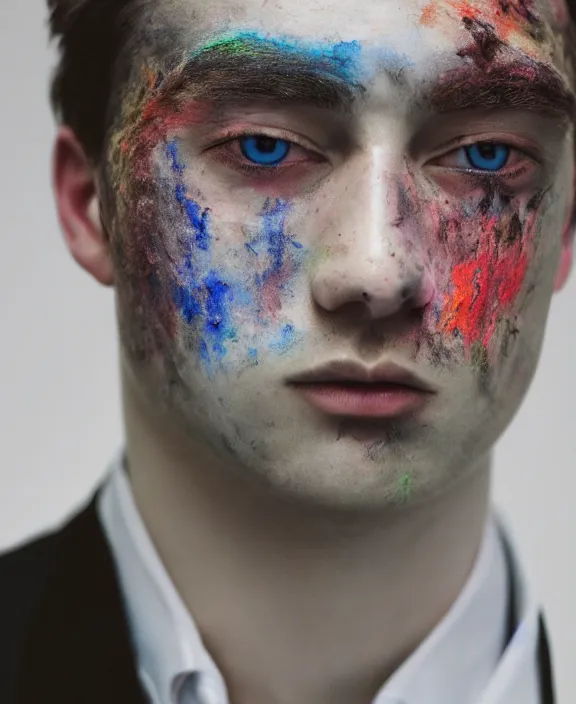 Image similar to portrait of a young gentleman with color smeared in his face, digital photography, fashion magazine, close - up, detailed