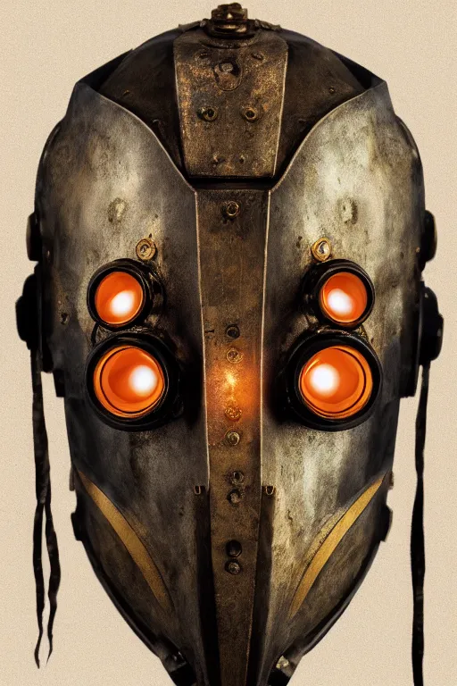 Image similar to steampunk mask minimalist fantasy art robot ninja helmet, global illumination ray tracing hdr fanart arstation by sung choi and eric pfeiffer and gabriel garza and casper konefal radiating a glowing aura