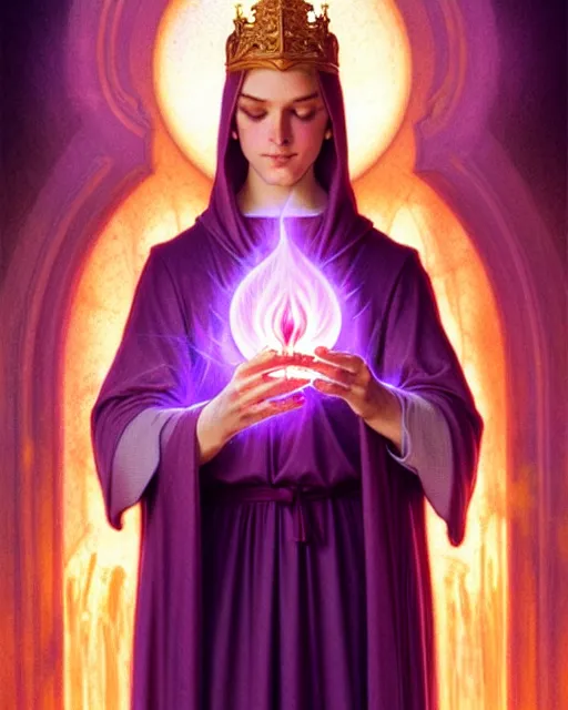 Image similar to saint germain holding a violet flame, fire that is violet colored, intricate, elegant, highly detailed, digital painting, artstation, concept art, smooth, sharp focus, illustration, art by artgerm and greg rutkowski and fra angelico and alphons mucha