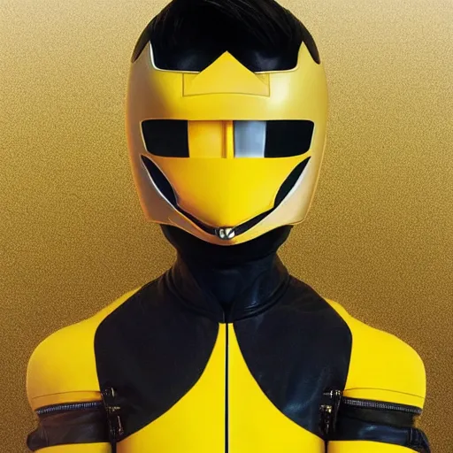 Prompt: symmetry!! portrait, head and body, yellow ranger, thunderbolt shaped eyeshade!!, artstation, art by murata, art by oda echiiro, art by tatsuki fujimoto, lightning helmet, 3 d, jumpsuit, gloves, futuristic poster,