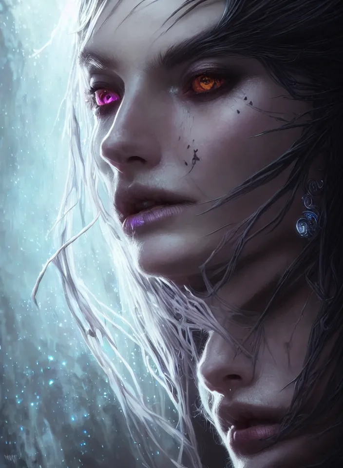 Image similar to Necromancer Sorceress face close-up macro in center, fantasy magic, undercut hairstyle, dark light night, intricate, elegant, sharp focus, illustration, highly detailed, digital painting, concept art, matte, art by WLOP and Artgerm and Greg Rutkowski and Alphonse Mucha, masterpiece