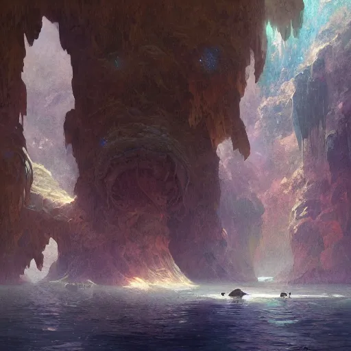 Prompt: masterpiece digital painting of underwater caves by kev walker and greg rutkowski and mucha, artstation, deviantart, closer view, cinematic lights