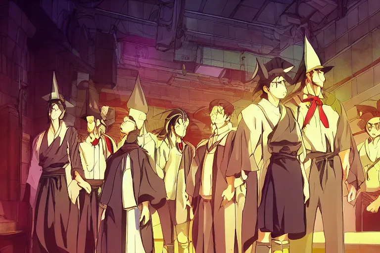 Prompt: cell shaded anime key visual of a group apprentice wizards training in a magic dojo in the style of studio ghibli, moebius, ayami kojima, makoto shinkai, dramatic lighting, clean lines