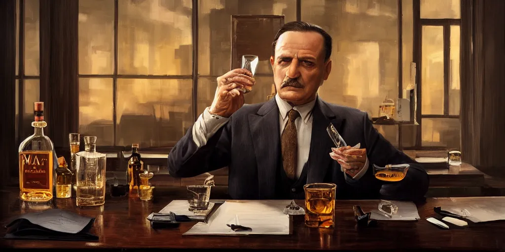Prompt: beautiful oil matte portrait painting, mafia boss holding a glass of whiskey at his 5 0 s new york office desk, wonderful masterpiece highly detailed, beautiful cinematic light deep focus, elegant, digital painting, smooth, sharp focus, golden ratio, dramatic illumination, ultra realistic, 8 k, art by jimmy law
