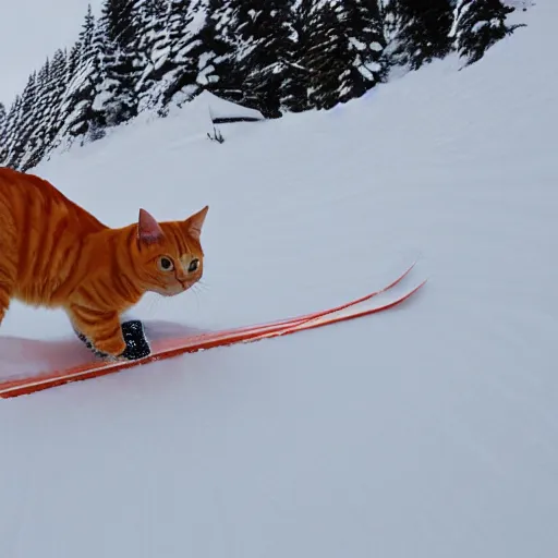 Image similar to an anthropomorphic orange tabby cat skiing