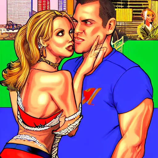 Image similar to SNES graphics playing Xbox 360 but it's a Sega Genesis making out with Britney Spears in GTA, cover art by Stephen Bliss, artstation