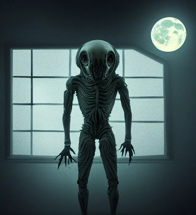 Image similar to a nightmare humanoid monster alien standing in front of a window, intricate spacesuit, moon light through the window, volumetric lighting, hyperealistic, 4 k, inspired by stephen king, inspired by lovecraft, inspired by jeffrey smith