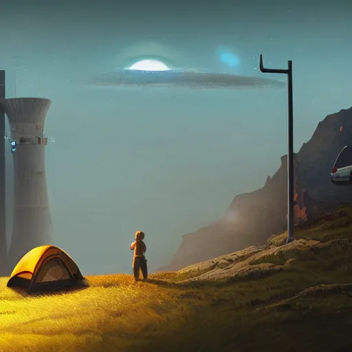 Image similar to highly detailed landscape with two boys camping with nuclear plant in the background 1 9 8 0 s science fiction, 1 9 7 0 s science fiction, cyberpunk, moody, misty, depth perception, 4 k, artstation