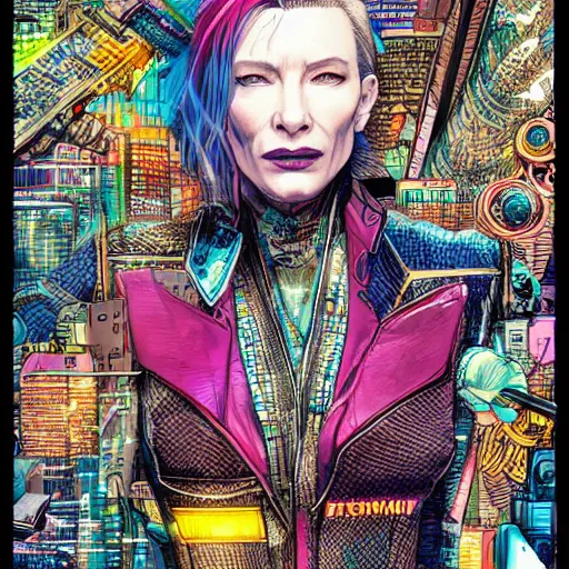 Prompt: hyper detailed comic illustration of a cyberpunk cate blanchett , by darick robertson , transmetropolitan , intricate details, colourful , vibrant, solid background