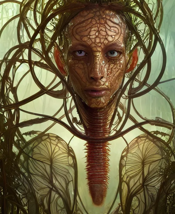 Image similar to intricate ornate opulent transparent clear see - through portrait of a terrifying beautiful skinny male alien centipede, mottled coloring, adorable, childlike, overgrown jungle environment, ultra realistic, concept art, art nouveau, photorealistic, octane render, 8 k, unreal engine. art by christopher marley and artgerm and greg rutkowski and alphonse mucha