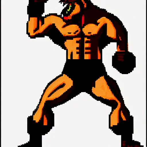 Prompt: full body portrait. 1 6 bit sega graphics. antropomorphic muscular masculine wolf, kickboxer fighter, in shorts, in front of burning street. wolf head. furr on body. at night. 1 9 8 9