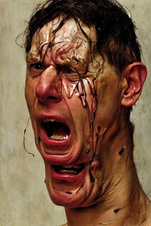 Prompt: portrait of one enraged man, part by Jenny Saville, part by Lucian Freud, part by Norman Rockwell