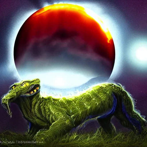 Image similar to eclipse transforming living things into monsters. digital paint.