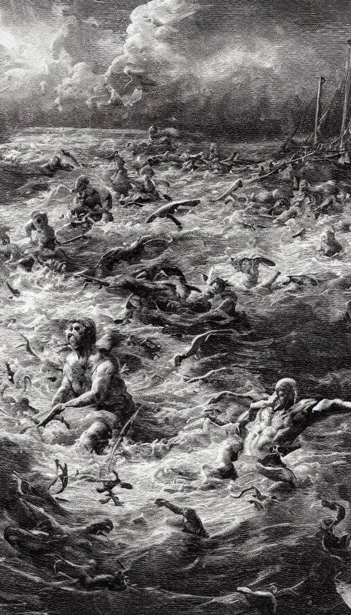 Prompt: man on boat crossing a body of water in hell with creatures in the water, sea of souls, by schizophrenia patient