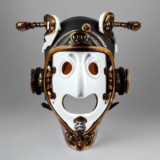 Prompt: extremly detailed white ceramic steampunk mask, high details, photorealistic, 8 k, sharp focus, white ceramic material