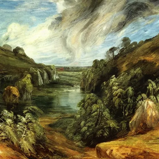 Image similar to painting of a lush natural scene on an alien planet by john constable. beautiful landscape. weird vegetation. cliffs and water.