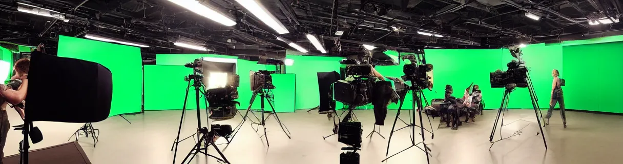 Image similar to photo of a movie set with a big bright green screen, film crew, actors, cameras, studio, movie set, realistic, studio lighting