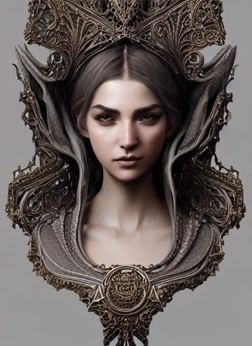 Image similar to a portrait of female in wearable sculpture art, ornate, metal works, intricate details, elegant, highly detailed, digital photography, artstation, glamor pose, concept art, smooth, sharp focus, art by artgerm and greg rutkowski, 3 d character, full body, film, photorealistic, unreal engine