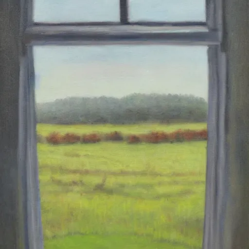 Image similar to a cinematic view looking out a window into an open field, wind blows the leaves, oil painted